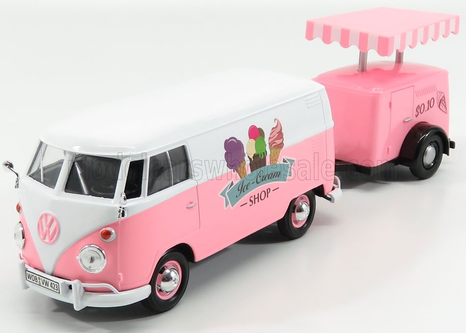 1:24 VOLKSWAGEN T1 Type 2 Van Ice Cream With Trailer (1962), White Pink - 79672