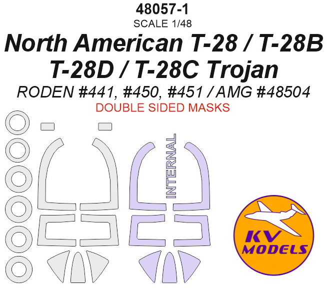 1:48 Окрасочная маска для North American T-28 / T-28B / T-28D / T-28C Trojan - Двусторонние маски + маски на диски и колеса - 48057-1