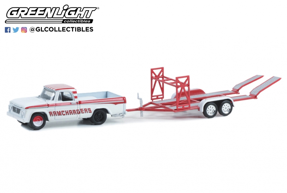 1:64 DODGE D-100 пикап 'Ramchargers' с прицепом-автовозом (1964), White/Red - 32280A