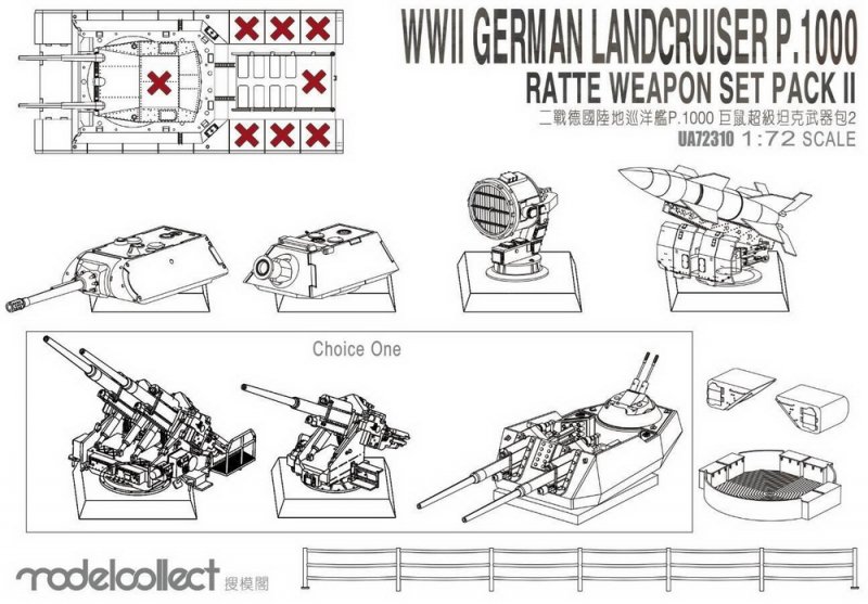 1:72 Сборная модель WWII German Landcruiser P.1000 Ratte Weapon Set Pack II - UA72310