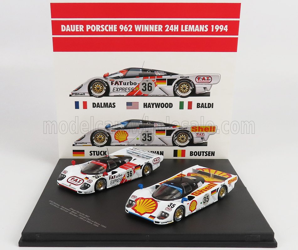 1:43 PORSCHE Set 2x Dauer 962 3.0l Turbo Team Le Mans Porsche №36 Winner 24h Le Mans (1994) M.baldi - H.Haywood - Y.dalmas + Dauer 962 3.0l Turbo Team Le Mans Porsche №35 3rd 24h Le Mans (1994) H.Stuck - T.boutsen - D.Sullivan, White Red Yellow - W8343000