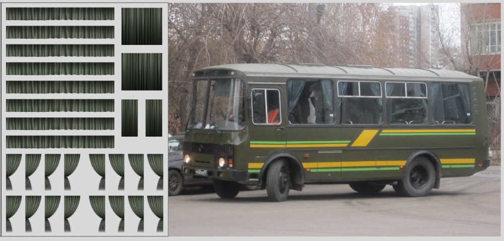 1:43 Набор декалей Шторки для Павловский автобус, темно-зеленый (100х140) - DKM0167