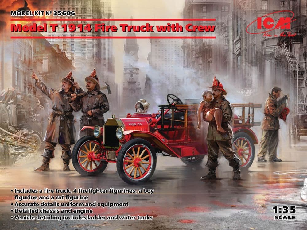 1:35 Сборная модель FORD T 1914 Fire Truck пожарный автомобиль с американскими пожарными - 35606