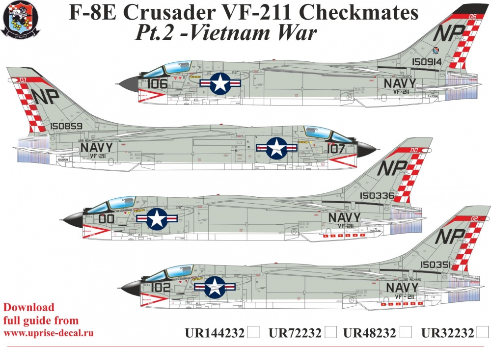 1:32 Декаль для F-8E Crusader VF-211 Checkmates Pt.2 FFA (удаляемая лаковая подложка) - UR32232