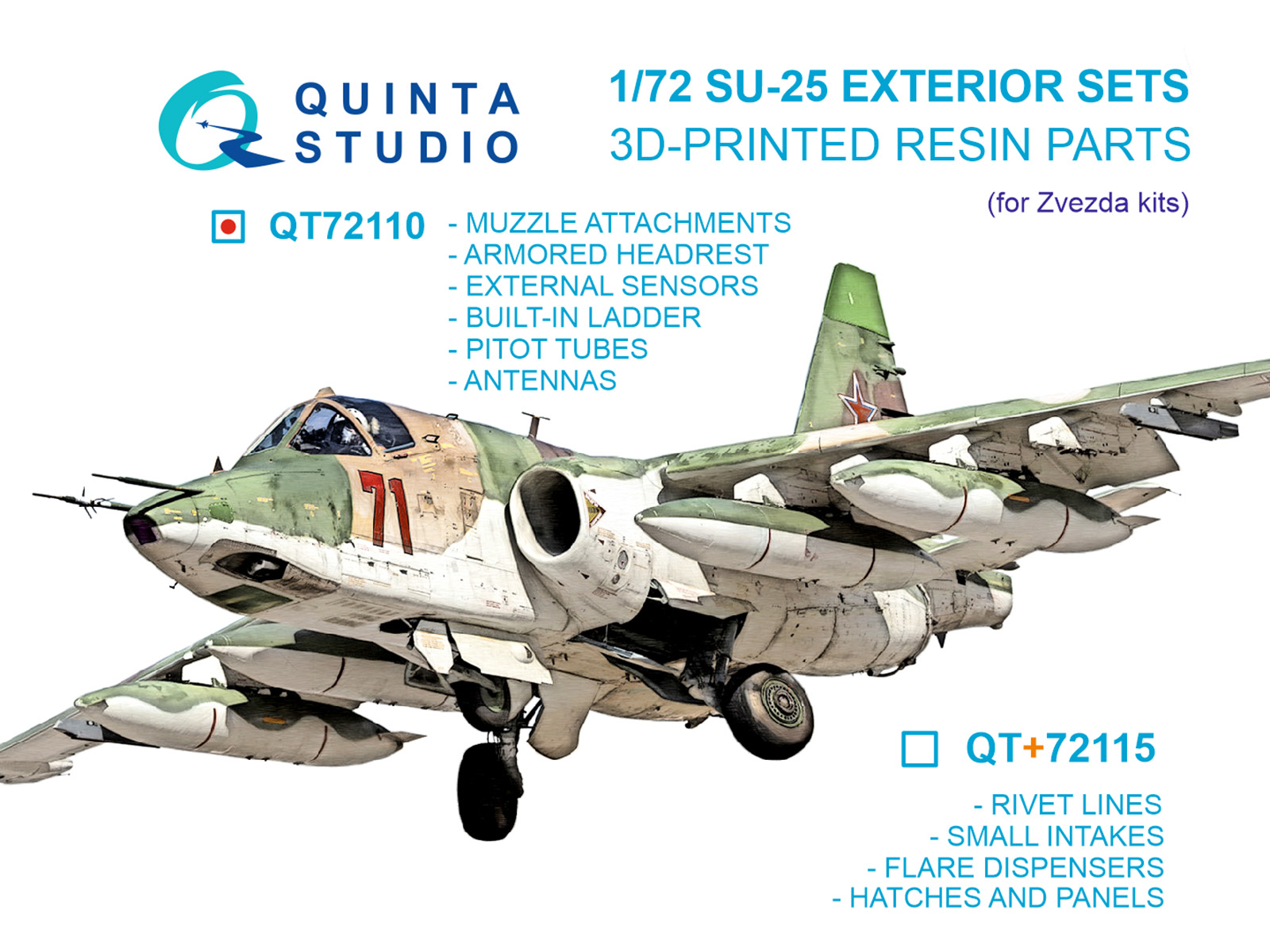 1:72 Набор экстерьера Су-25, ч.1: Датчики, Антенны, ПВД, Дульные Насадки, встроенная лестница и заголовник (Звезда) - QT72110