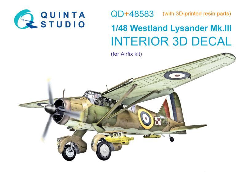 1:48 3D Декаль интерьера кабины Westland Lysander Mk.III (Airfix) (с 3D-печатными деталями) - QD+48583