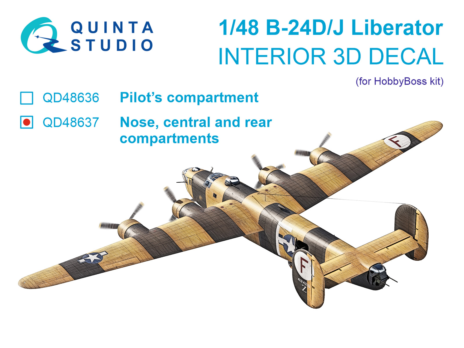 1:48 3D Декаль интерьера кабины B-24D/B-24J Liberator: носовой, центральный и задний отсеки (Hobby Boss) - QD48637
