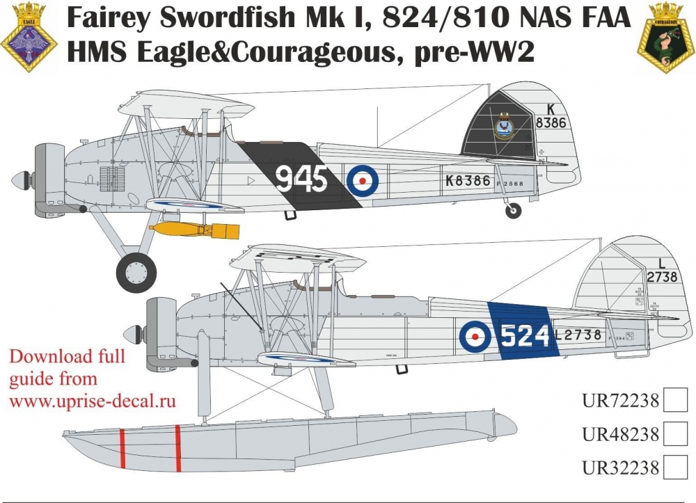 1:32 Декаль для Fairey Swordfish MK I, 824/810 FAA HMS Eagle & Courageous, pre WW2 - UR32238