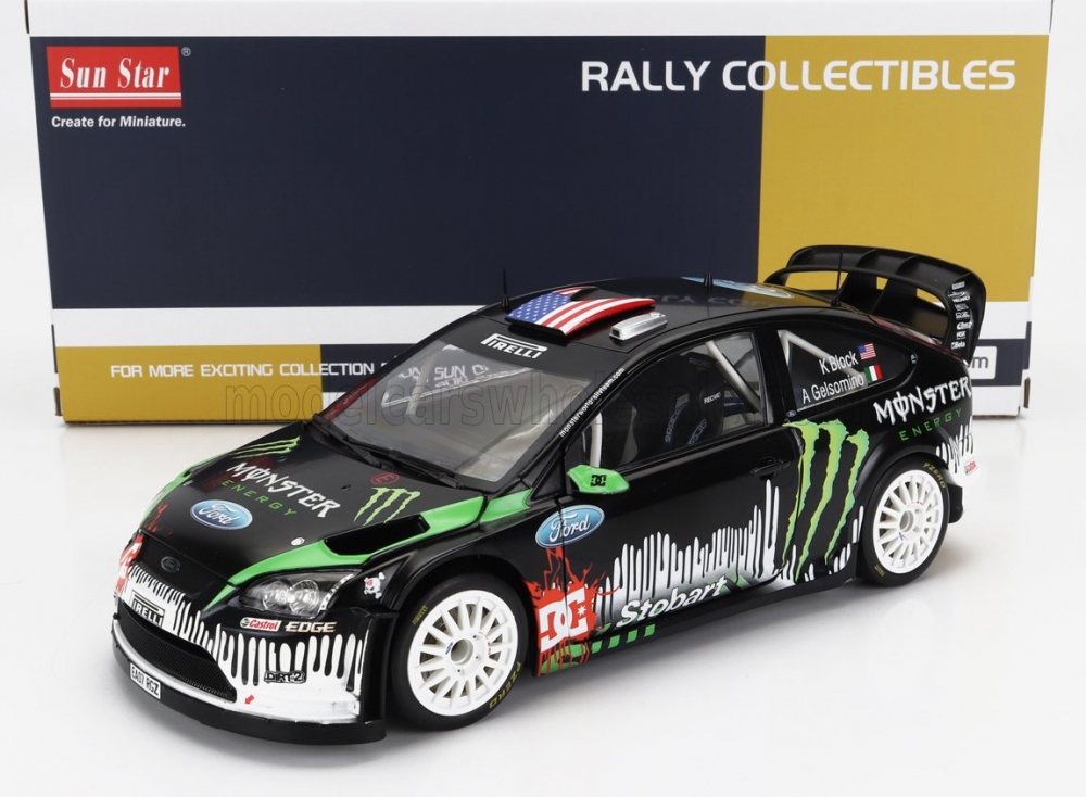 1:18 FORD Focus Rs Wrc07 Monster №0 Rally Day Show Castle Combe Circuit (2010) Ken Block - A.Gelsomino, Black White Green - 03956