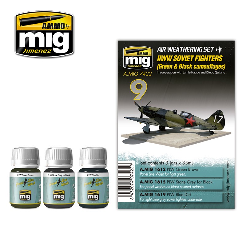 Набор из трех смывок WWII SOVIET AIRPLANES (Green & Black camouflages) (Советские самолёты Второй мировой войны, зеленые и черные камуфляжи.) - AMIG7422