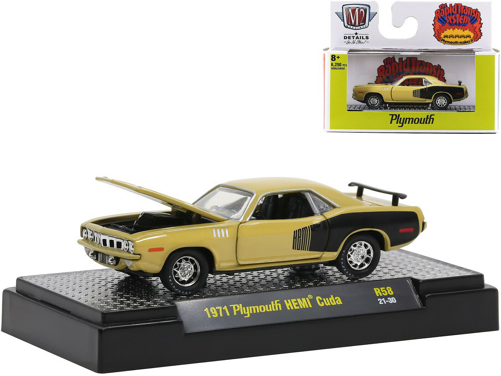 1:64 PLYMOUTH HEMI Cuda 1971 Tunisian Tan Metallic with Black HEMI Billboard - R582130