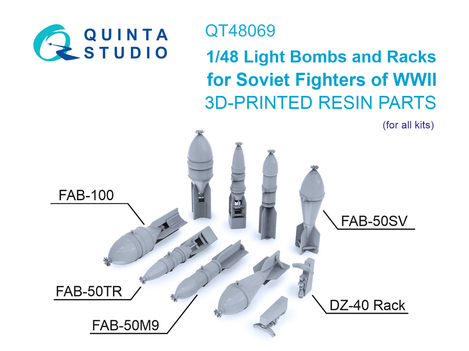 1:48 Бомбы ФАБ-100, ФАБ-50 и держатели ДЗ-40 для истребителей РККА, ВОВ (Для всех моделей) - QT48069