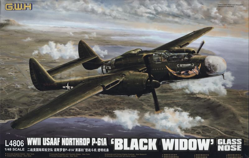 1:48 Сборная модель Американский тяжёлый ночной истребитель Northrop P-61A 'Black Widow' с прозрачным носом - L4806