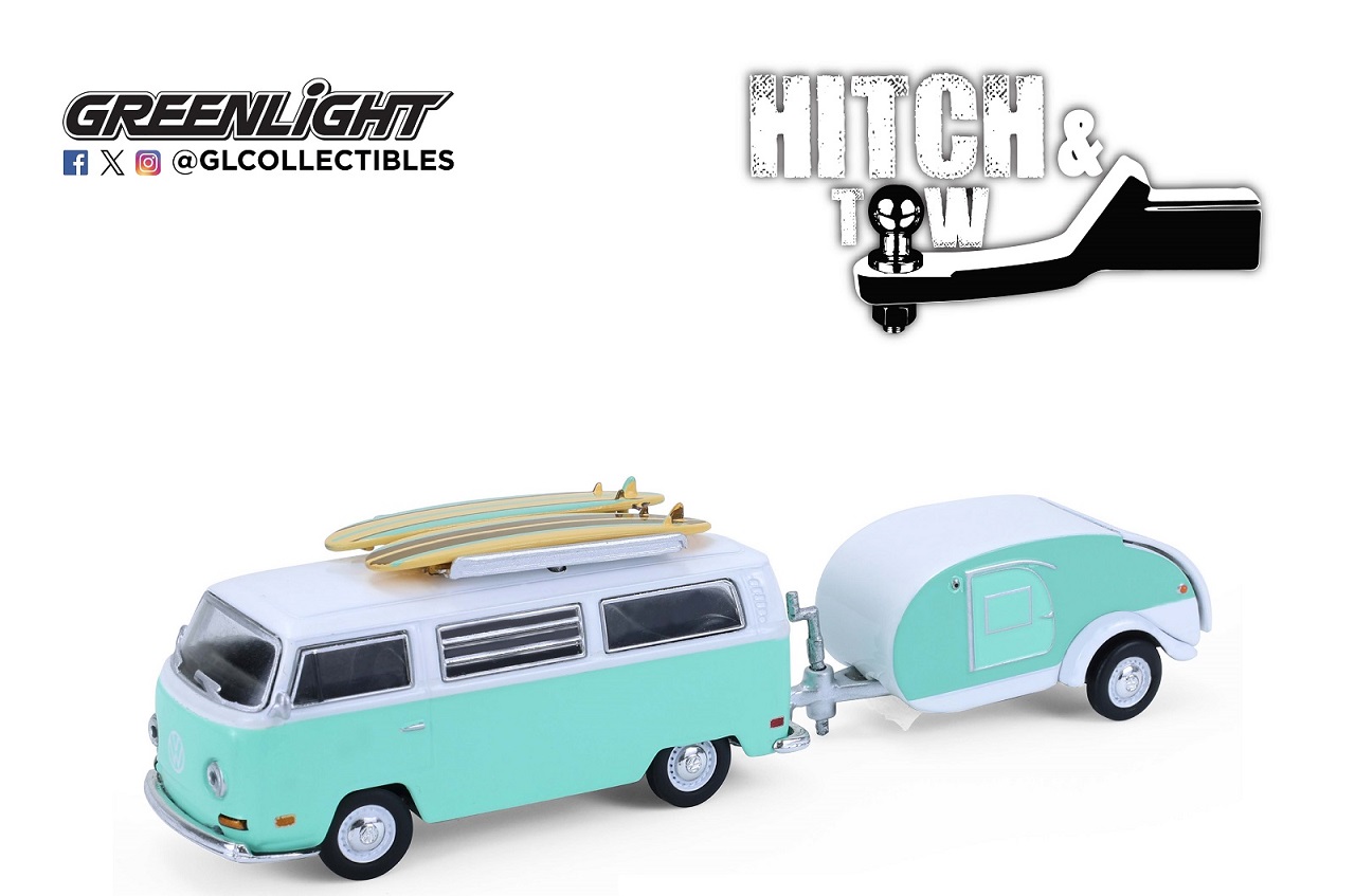 1:64 VOLKSWAGEN T2 с досками для серфинга и с прицепом-кемпером 'капля' (1971), Blue/White - 32330B