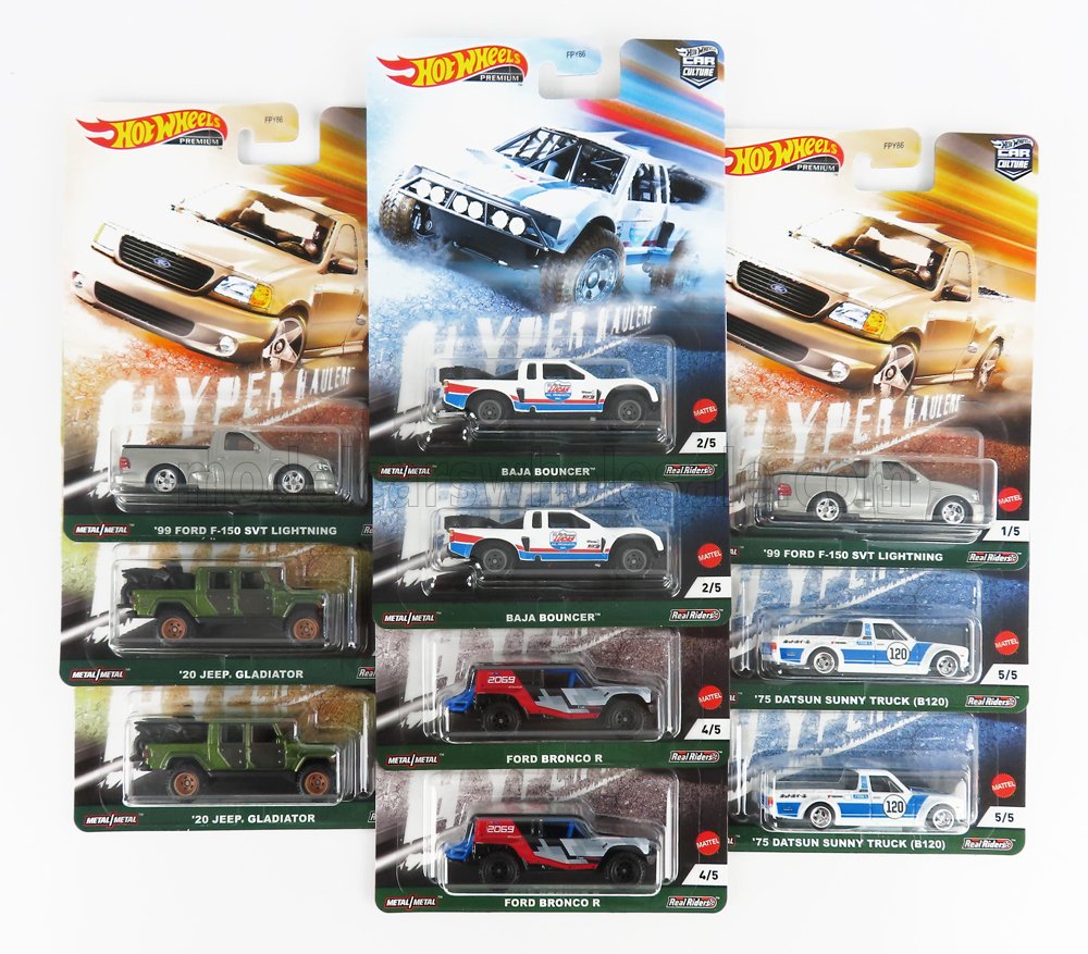 1:64 JEEP Set Assortment 10 Pieces - 2x Gladiator (2020) - 2x Ford Bronco R - 2x Ford F-150 Svt Lightning (1999) - 2x Datsun Sunny (1975), Various - FPY86-978F-10