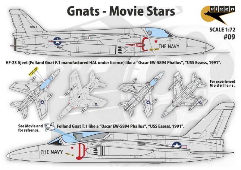 1:72 Декаль Gnats - Movie Stars - Folland Gnat T.1 and HAL HF-23 Ajeet from 'Hotshots!' - VX009