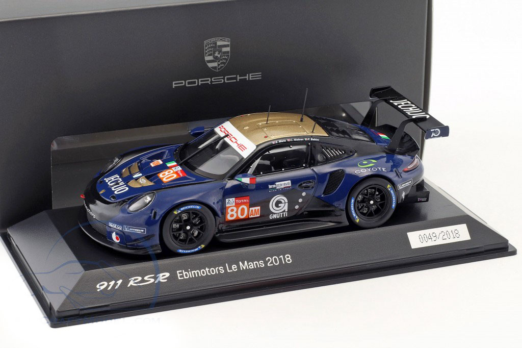 1:43 PORSCHE 911 (991 II) RSR №80 Ebimotors 24h Le Mans (E.Maris - C.Nielsen - F.Babini), dark blue / black / gold - WAP0209230K