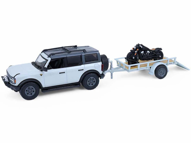 1:64 FORD Bronco Badlands 4-двери 4x4 с прицепом и мотоциклом (2021), Cactus Grey - 32330D