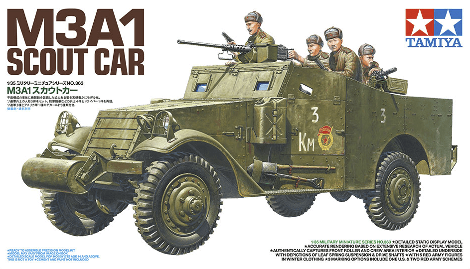 1:35 Сборная модель M3A1 SCOUT CAR разведывательный бронеавтомобиль с пятью фигурами советских солдат - 35363