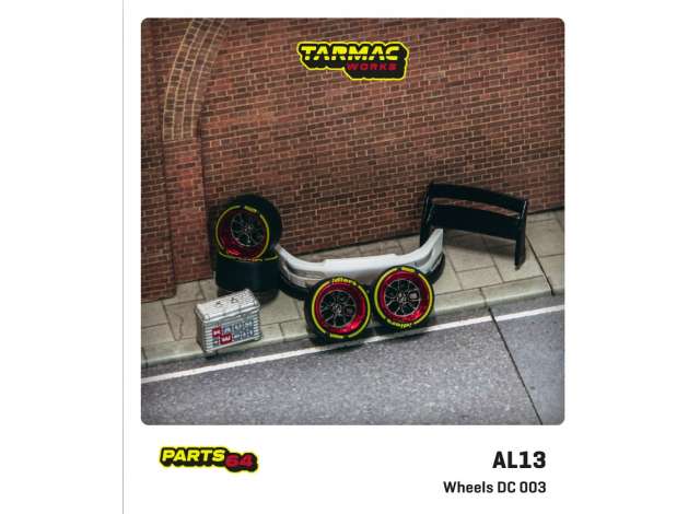 1:64 Wheels set AL13 Wheels DC 003 Package Includes: 4x Rims / 4x Tires / 2x Regular Axis / 2x Cambered Axis / 1 set of spacer / RWB accessories Suitcase RWB 993 front bumper, double deck rear wing - T64W005RDBK