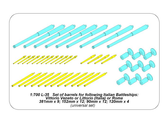 1:700 Металлические стволы для Итальянского линкора: RN Roma или Littorio или Vittorio Veneto 381mm x 9, 152mm x 12, 90mm x 12 - 700 L35