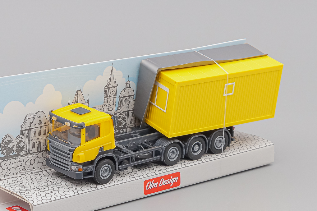 1:87 SCANIA P 8х2/4 контейнеровоз 20' с контейнером-бытовкой, жёлтый - OLM337