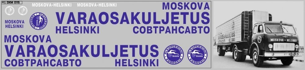 1:43 Набор декалей Грузовики и прицепы Varaosakuljetus (Москва-Хельсинки), синий  (100х155) - DKM0137