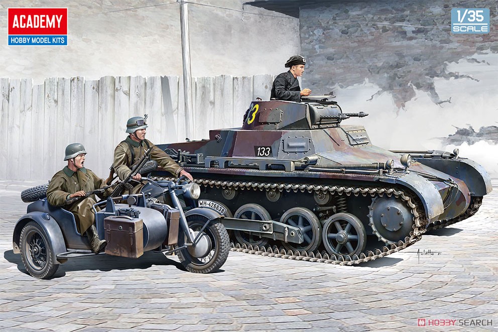 1:35 Сборная модель German Panzer I Ausf.B & Motorcycle Zündapp KS750 w/sidecar - 13556