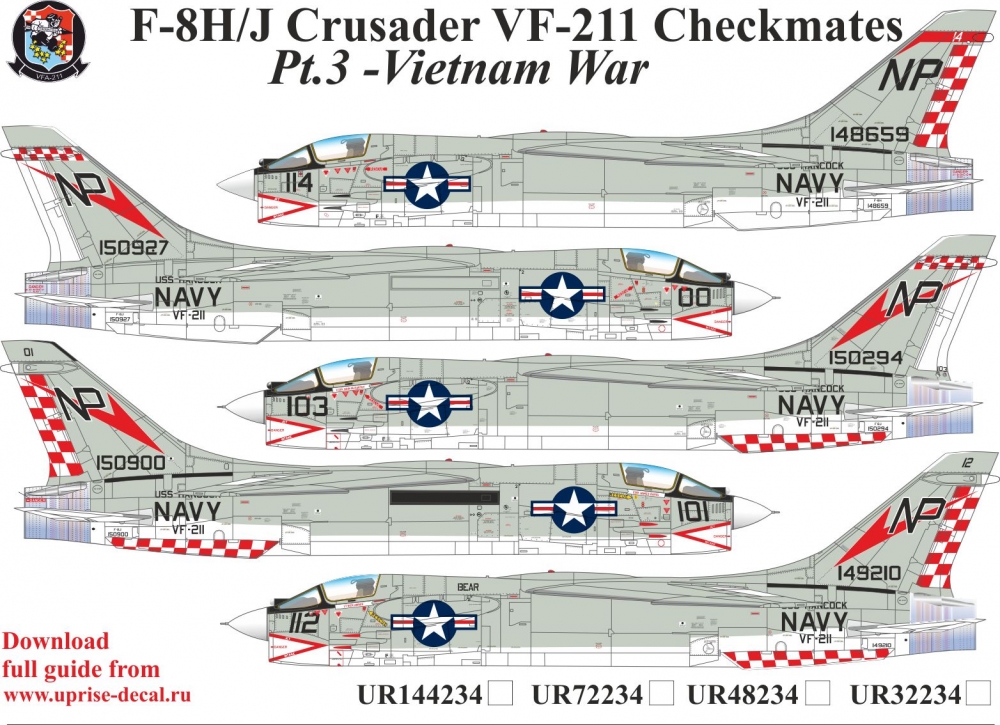 1:48 Декаль для F-8H/J Crusader VF-211 Checkmates Pt.2, с тех. надписями, FFA (удаляемая лаковая подложка) - UR48234