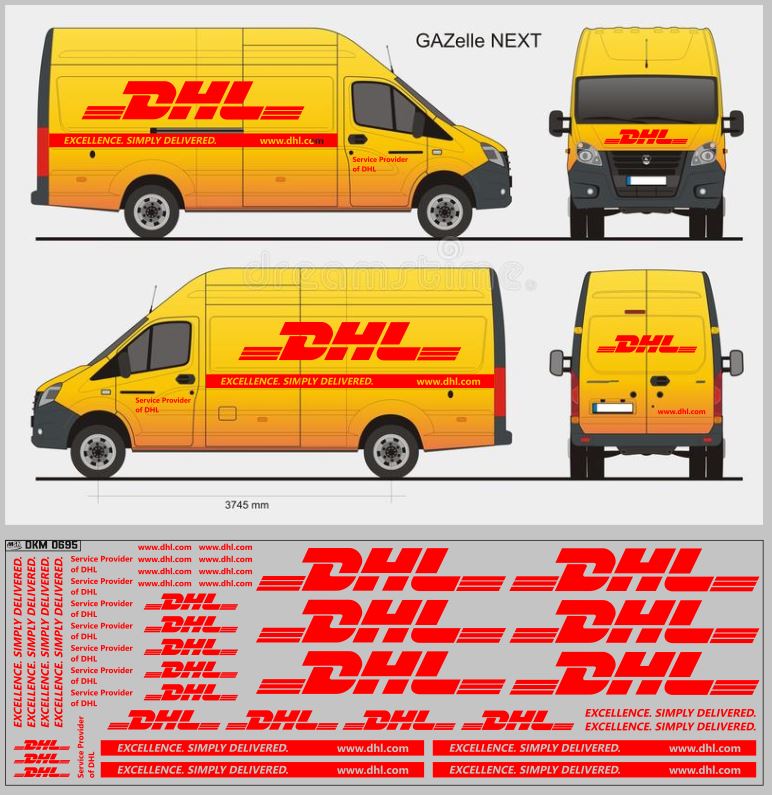 1:43 Набор декалей Газель Некст Курьерская служба DHL (200х70) - DKM0695