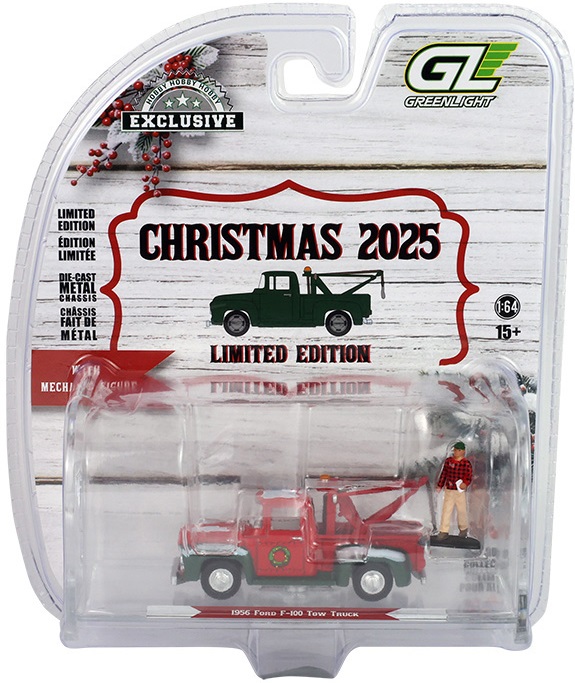 1:64 FORD F-100 Tow Truck with Mechanic Figure* Christmas 2025 Limited Edition* (1956), red / white / green - 30564B