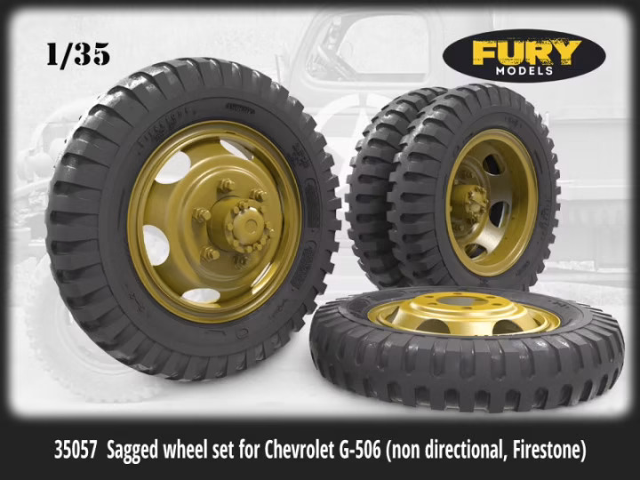1:35 Sagged wheel set for Chevrolet G-506 (non directional, Firestone)    NEW - 35057