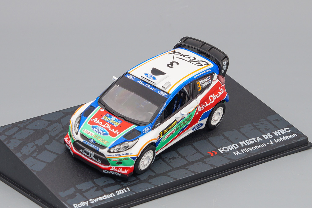 1:43 FORD Fiesta RS WRC #3 M. Hirvonen - J. Lehtinen Rally Sweden (2011), white / blue / green - ATR002