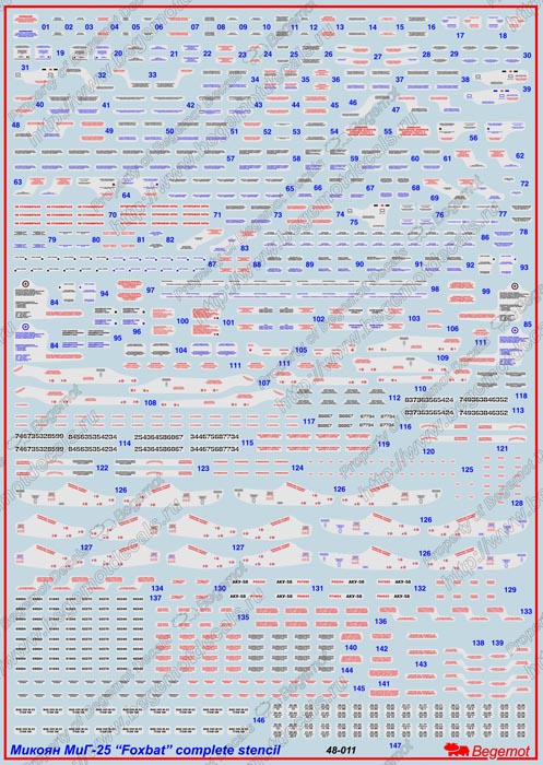 1:48 Декаль Микоян МиГ-25 'Foxbat', технические надписи - 48-011
