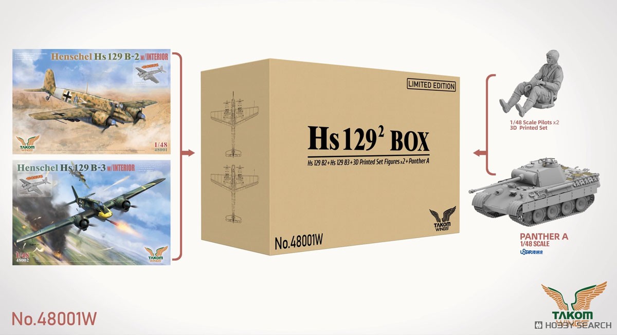 1:48 Набор Hs129² Box - Hs 129 B2 + Hs 129 B3 + две 3D-печатные фигуры + Panther A - 48001W