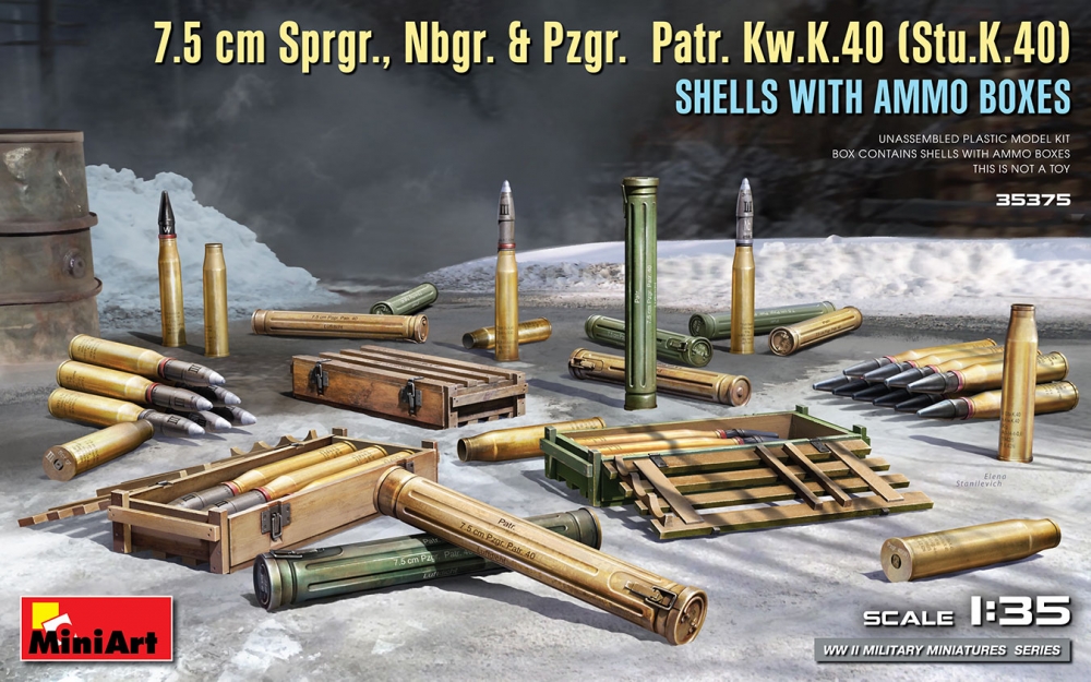 1:35 Сборная модель Ящики со снарядами для орудия 7.5 cm Sprgr., Nbgr. & Pzgr.  Patr. Kw.K.40 (Stu.K.40) - 35375