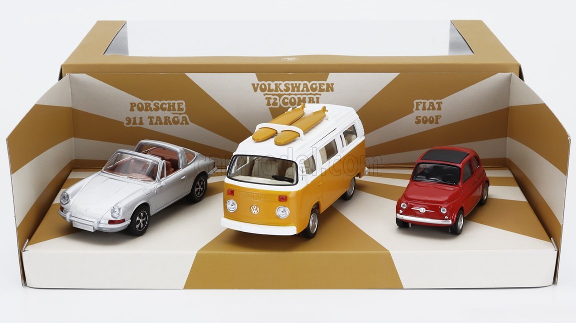 1:43 PORSCHE Set 3x Jet-car 911 Targa Spider (1969) - Fiat 500 (1965) - VOLKSWAGEN T2b Camper Van (1962) - 841104
