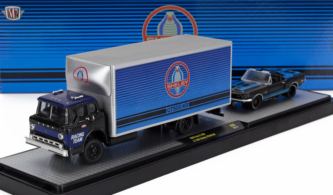 1:64 FORD C-950 Truck Car Transporter (1970) With Mustang Shelby Gt500 Kr Cabriolet (1968), Black Blue - 36000-86-FORD