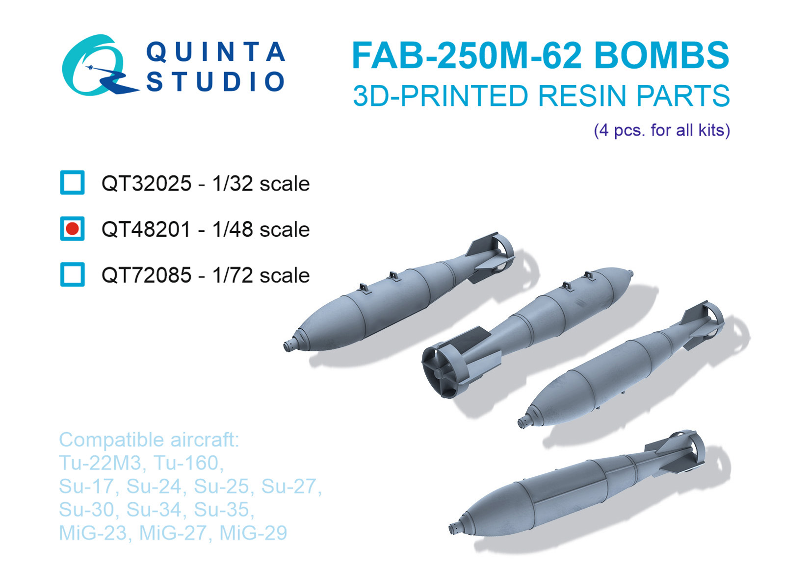 1:48 Авиабомбы ФАБ-250М-62 (фугасные), 4 шт. (для всех моделей) - QT48201