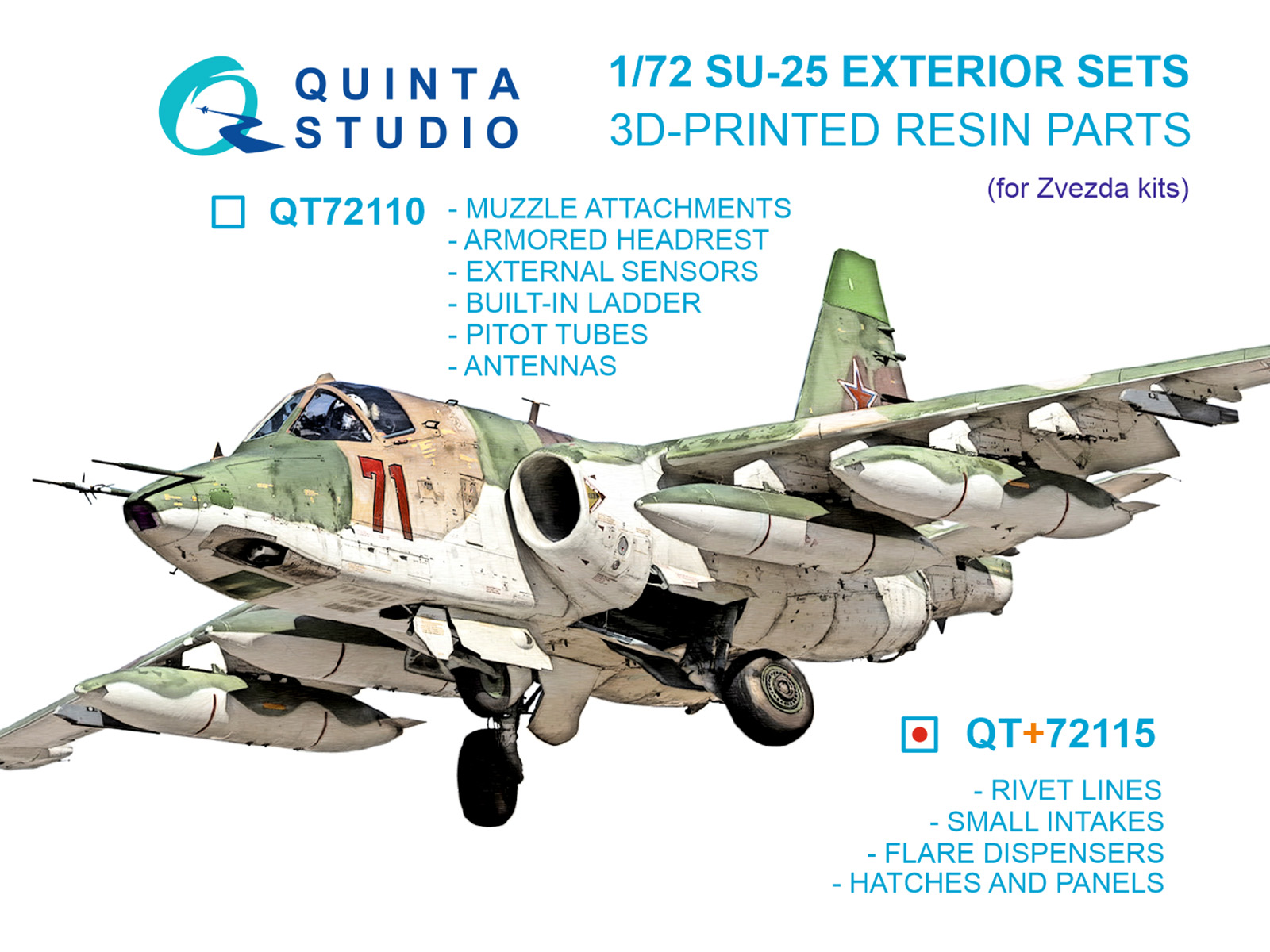 1:72 Набор экстерьера Су-25, ч.2: Панели и Лючки, Клепочные ряды, малые Воздухозаборники, Кассеты ЛТЦ (Звезда) - QT+72115
