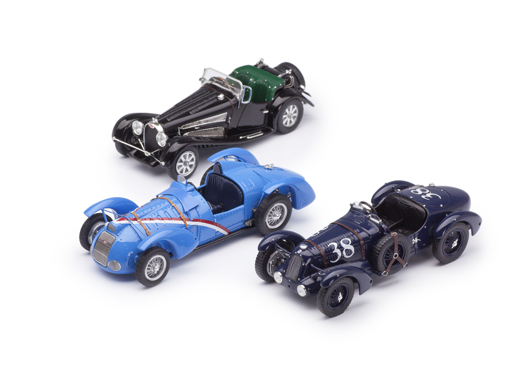 1:43 Набор из 3х моделей автоспорт 1930х: Bugatti Type 54 Roadster 1931 черный + Delahaye Type 145 V-12 Grand Prix 1937 синий + Talbot Lago typ 26 SS 1938 темно-синий - 43711SET1