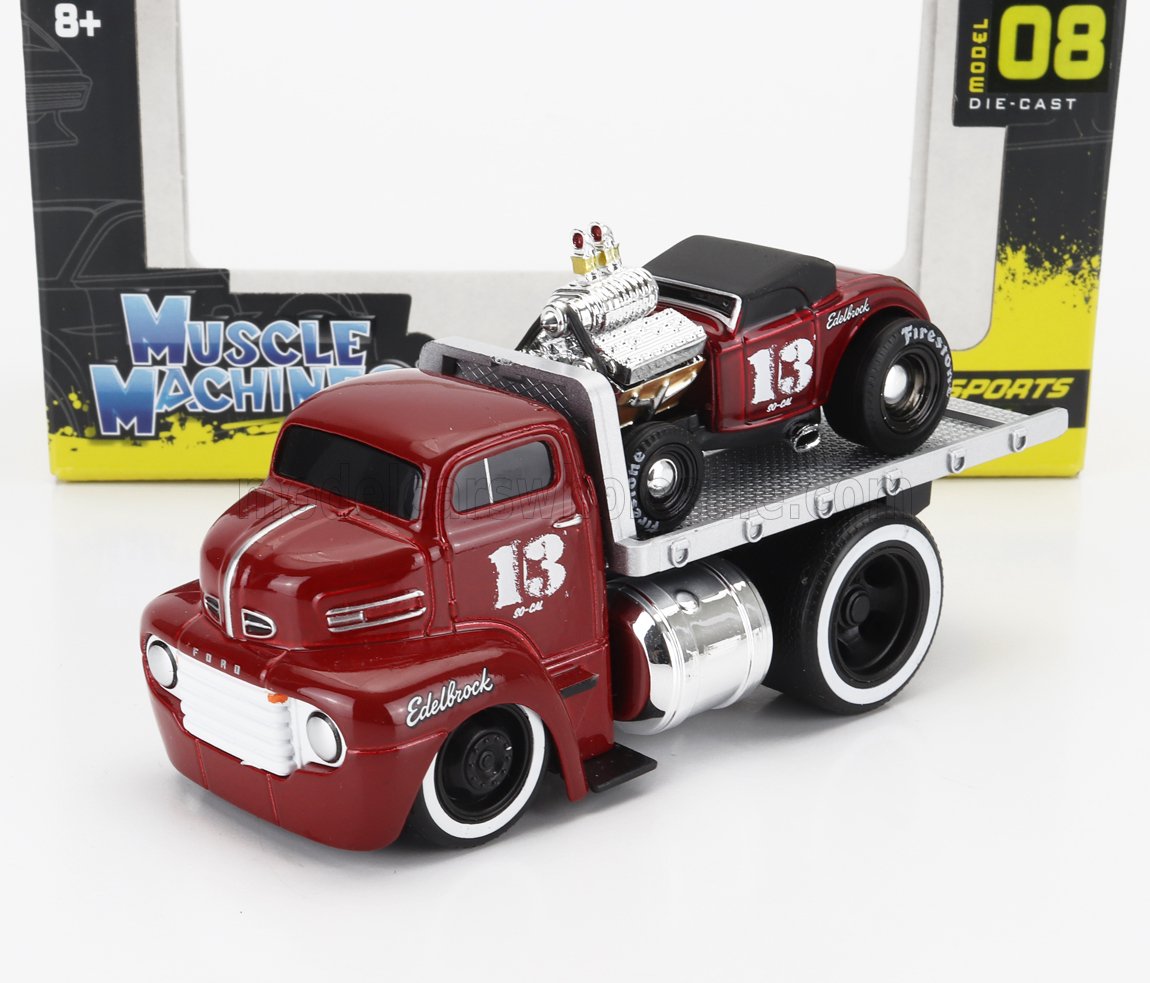 1:64 FORD Coe Flatbed Truck Car Transporter (1965) With Roadster №13 Custom (1932), Red Met - 11532-17