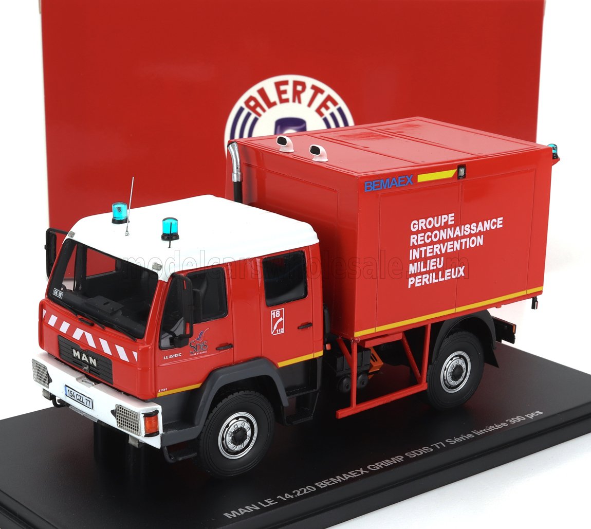 1:43 MAN Le 14.220 Truck Double Cabine Bemaex Grimp Sdis 77 Sapeurs Pompiers Groupe Reconnaissance Intervention Milieu Perilleux (2004), Red White Yellow - ALERTE0150