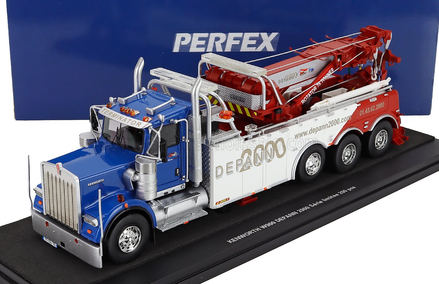 1:43 KENWORTH W900 Depann 2000 Tractor Truck 4-assi (1990) - Carro Attrezzi - Wrecker Road Service, Blue White Red - PE925