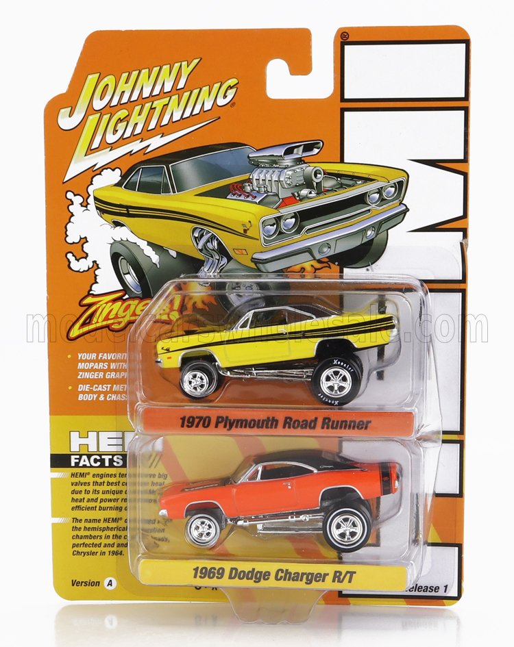 1:64 PLYMOUTH Set 2x Dragster Road Runner (1970) + Dodge Charger R/t (1969), Yellow Black Orange - JLSP318A