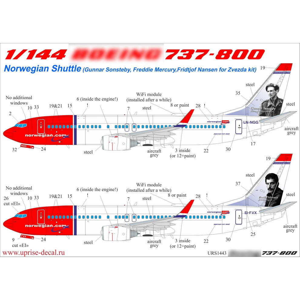1:144 Декали для авиалайнера 737-800 Norwegian Shuttle LN-NGG (Gunnar Sonsteby) с тех. надписями - URS1443