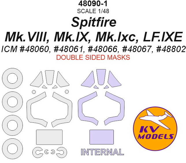 1:48 Окрасочная маска для Spitfire Mk.VIII, Mk.IX, Mk.Ixc, LF.IXE - (двусторонние маски) + маски на колёса - 48090-1