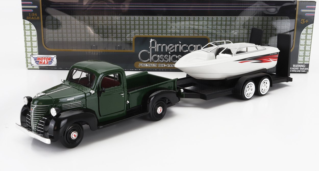 1:24 PLYMOUTH Pick-up With Trailer + Boat (1941), Green Black White - 73278-76012-75200