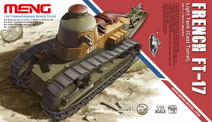 1:35 Сборная модель Французский легкий танк Renault FT-17 с литой башней - TS-008