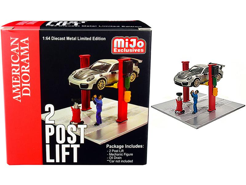 1:64 Фигурки и автоподъёмник 2 Post Lift with Oil Drain Red - 38375